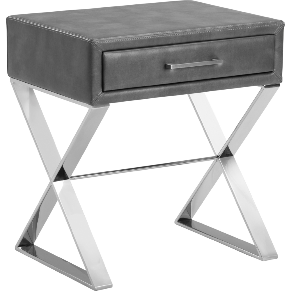 Sunpan 100134 Casa End Table in Grey Leather w/ Drawer on Stainless X Base
