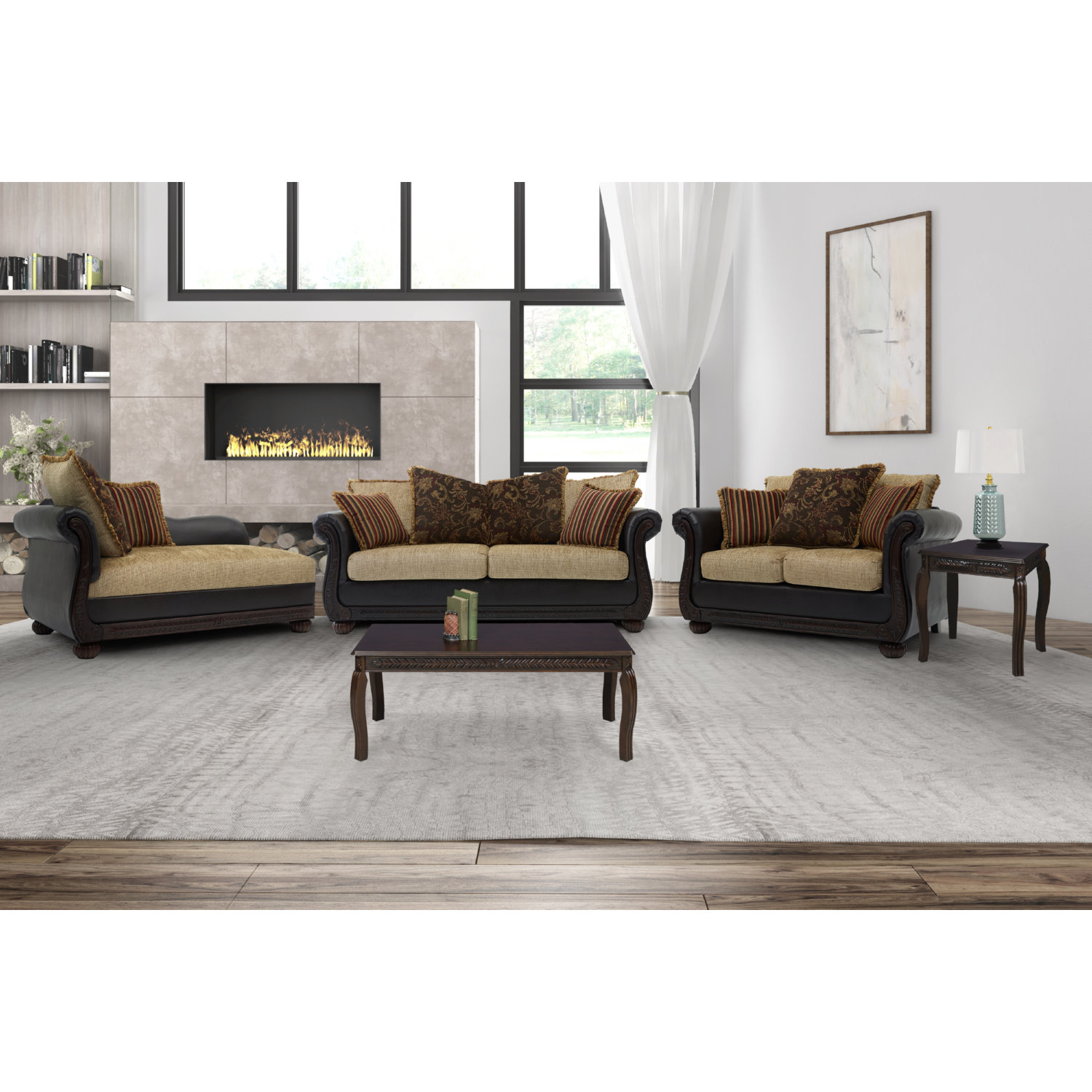 8525 Ruched Arm Sofa Loveseat Chaise Set In Brown Fabric Leatherette By Chintaly Imports