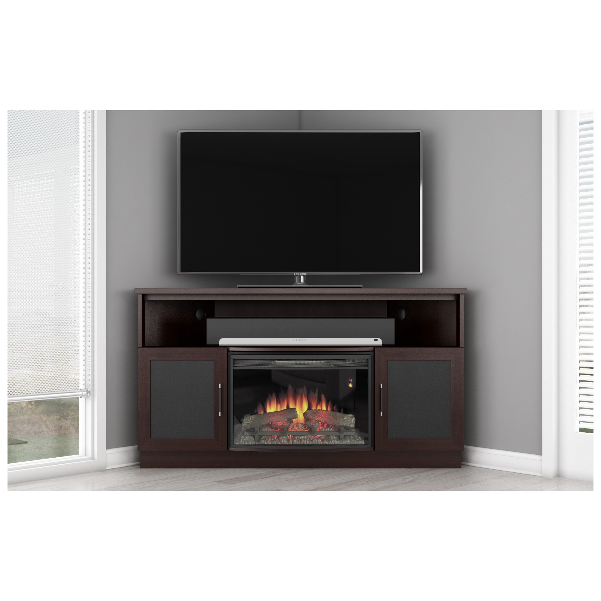 Furnitech FT60CCCFB 60 Inch TV Stand Contemporary Corner w/ Electric Fireplace Wenge Furnitech-FT60CCCFB