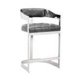 Beaumont Counter Height Stool in Tufted Grey Leather on Polished Stainless Base