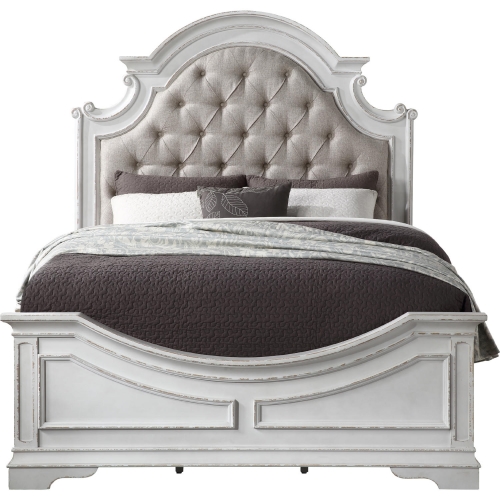 Florian Queen Bed in Tufted Beige Leatherette & Antique White