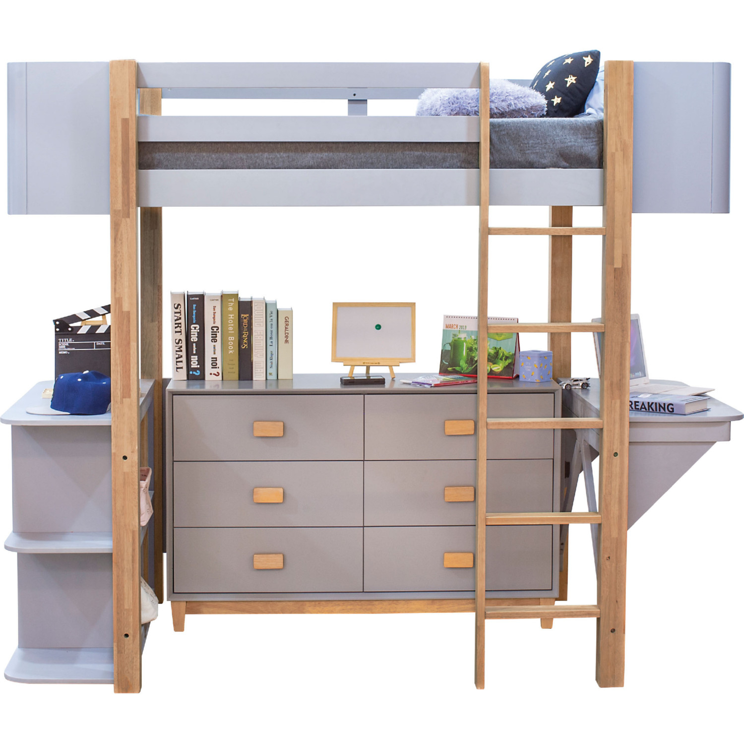Acme 37990 Saiyan Loft Bed w/ Desk & Bookcase in Gray & Wood