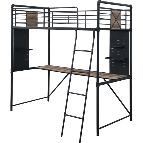 Cordelia Twin Loft Bed with Desk in Antique Oak, Black & Bronze