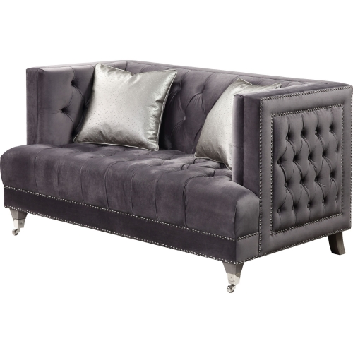 Hegio Loveseat with 2 Pillows in Tufted Gray Velvet