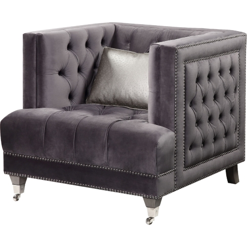 Hegio Accent Chair with 1 Pillow in Tufted Gray Velvet