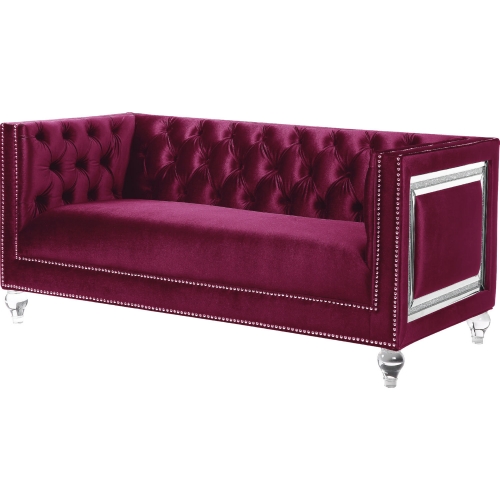 Heibero Loveseat in Tufted Burgundy Velvet, Mirror & Acrylic