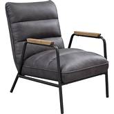 Nignu Accent Chair in Channel Tufted Gray Top Grain Leather & Matt Iron