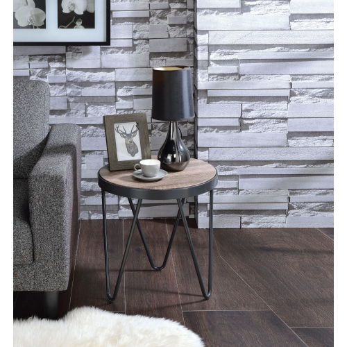 Bage End Table in Weathered Gray Oak Finish & Metal