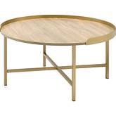 Mithea Coffee Table in Oak Finish & Gold Metal