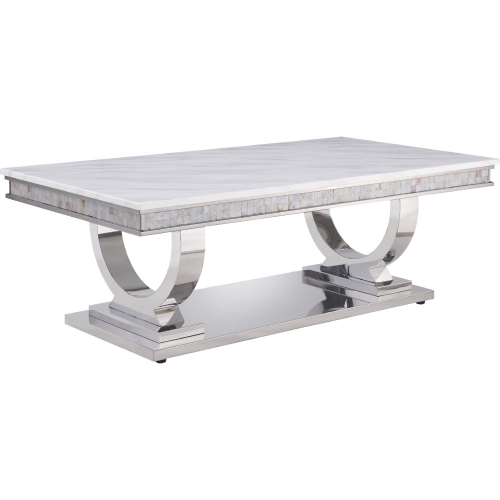 Zander Coffee Table in White Faux Marble & Mirrored Silver