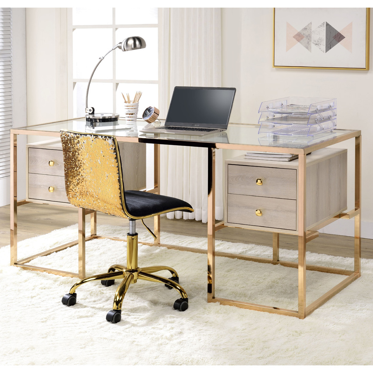 Acme 92945 Huyana Desk in Tempered Glass,Wood & Gold Metal