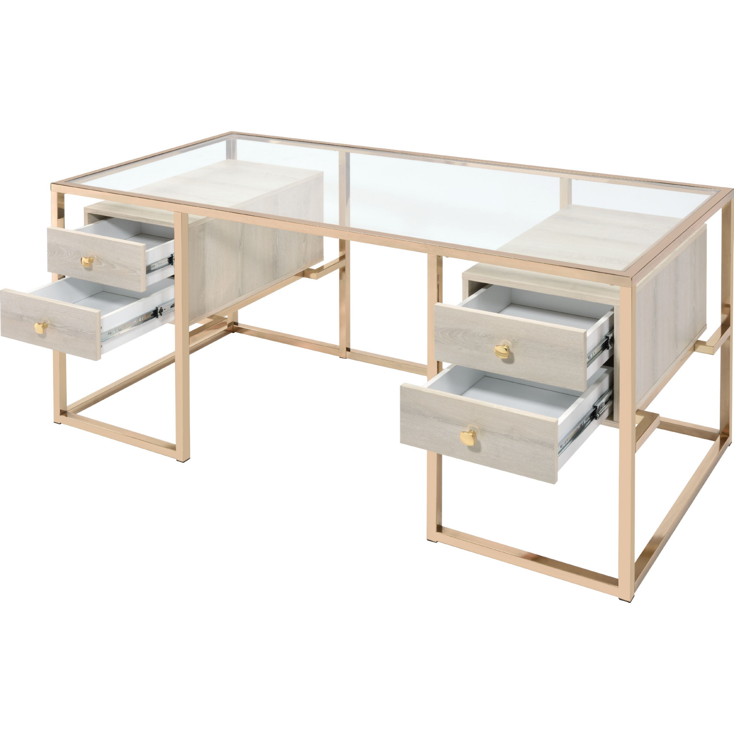 Huyana Desk in Tempered Glass,Wood & Gold Metal by Acme Furniture