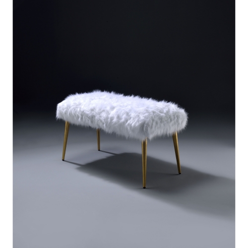 Bagley II Bench in White Faux Fur & Gold