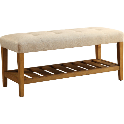 Charla Bench in Tufted Beige Fabric & Oak Finish