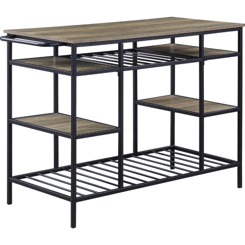 Lona Kitchen Island in Rustic Oak Finish & Black Metal