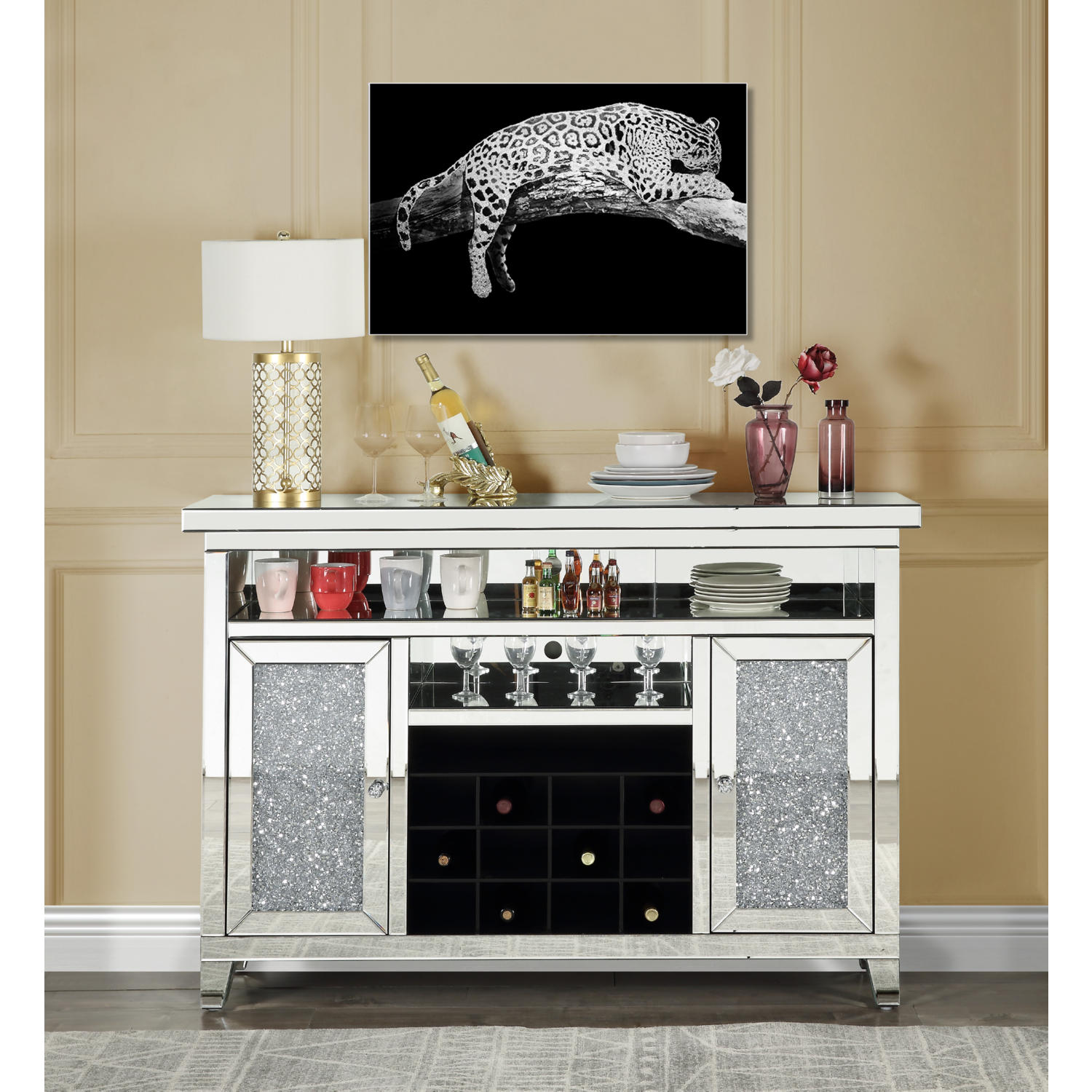 ACME Furniture Noralie Mirrored Wine Cabinet with LED