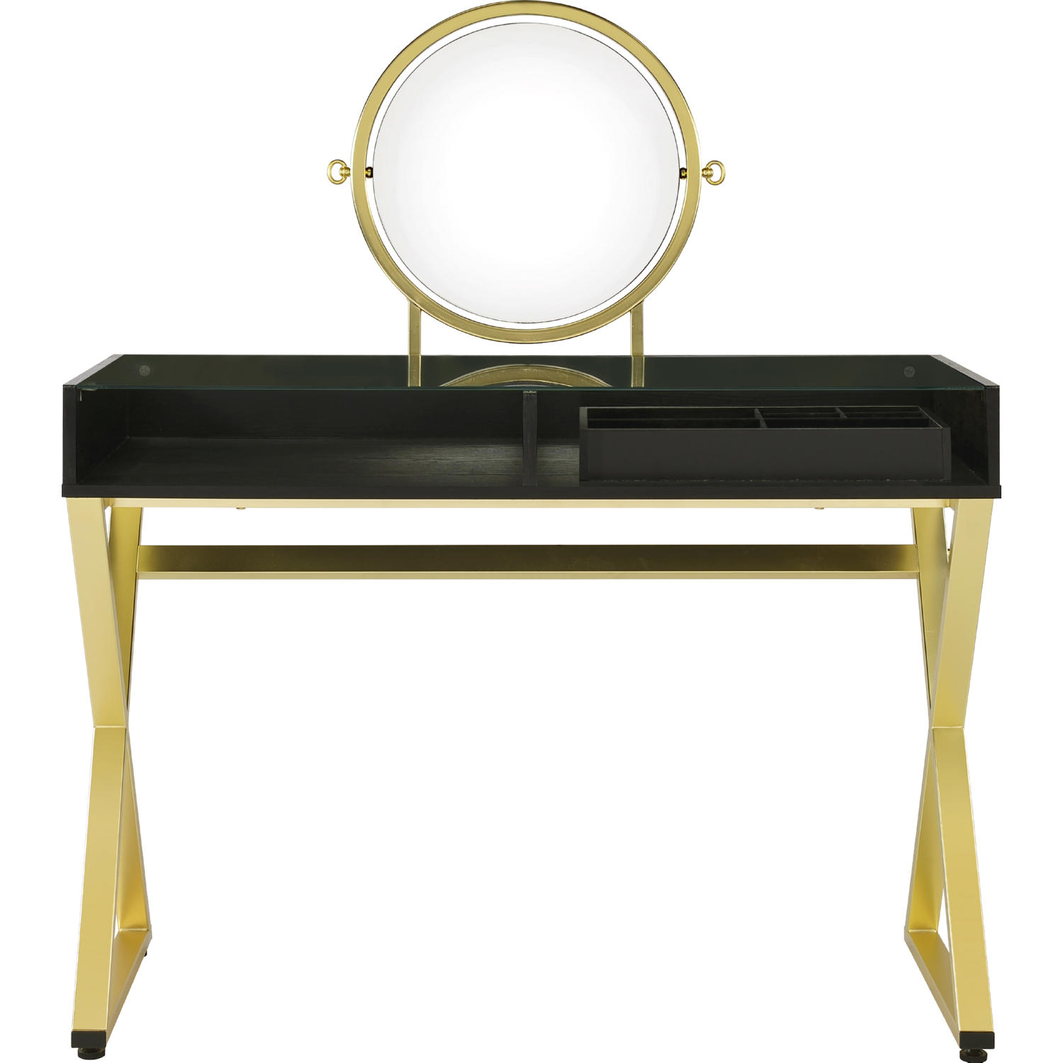 Acme Coleen Vanity Desk w/Mirror & Jewelry Tray, Black & Gold Finish Acme Coleen Vanity Desk w/Mirror & Jewelry Tray, Black & Gold Finish