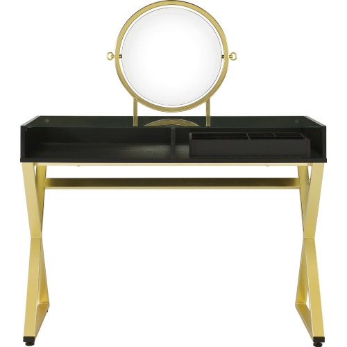 Coleen Vanity Desk with Jewelry Tray in Tempered Black Glass & Gold