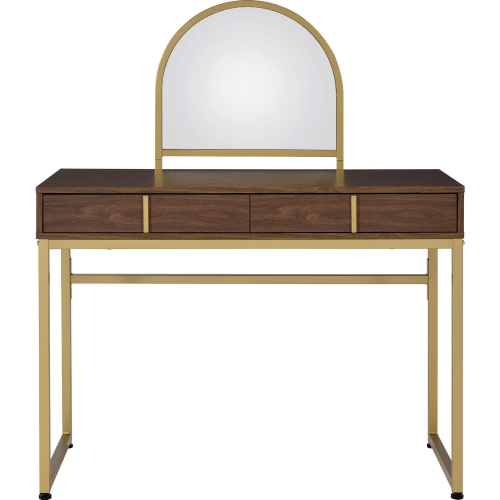 Coleen Vanity Desk with Jewelry Tray in Walnut & Gold Metal