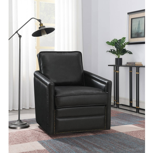 Rocha Swivel Accent Chair in Black Leathaire with Nailhead Trim