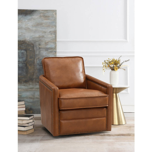 Rocha Swivel Accent Chair in Brown Leathaire with Nailhead Trim