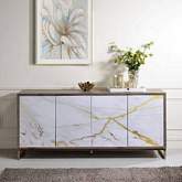 Paavan Console Cabinet in White Marble Print, Oak Finish & Champagne Metal