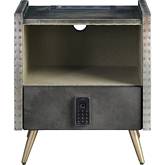 Doris Nightstand with USB in Gray Top Grain Leather & Aluminum