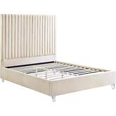 Edzia Queen Bed in Channel Tufted Beige Velvet & Acrylic