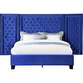 Damazy King Bed with Oversize Headboard in Tufted Blue Velvet