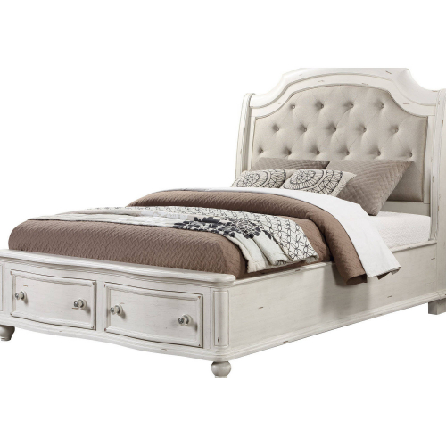 Jaqueline Queen Bed in Tufted Gray Linen & Antique White Finish