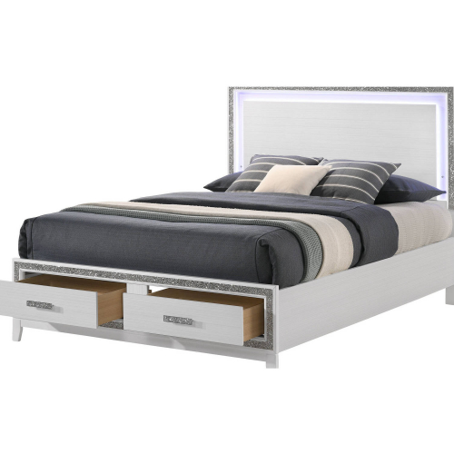 Haiden King Storage Bed in White, Silver & LED