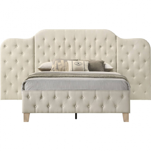 Ranallo Queen Bed with Oversized Headboard in Tufted Beige Linen & Wood