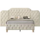 Ranallo Queen Bed with Oversized Headboard in Tufted Beige Linen & Wood