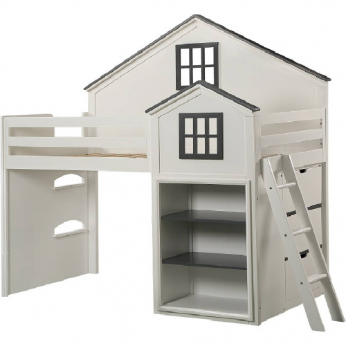 Ratana House Shaped Twin Loft Bed with Bookcase in Gray & White Finish
