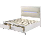 Tarian King Storage Bed with Led in Pearl White Finish & White Boucle Fabric