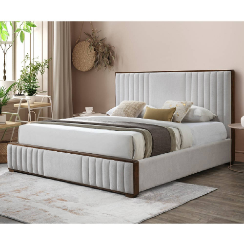 Kaleea King Bed in Channel Tufted Cream Chenille & Walnut Finish