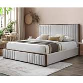 Kaleea King Bed in Channel Tufted Cream Chenille & Walnut Finish