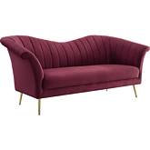 Callista Sofa in Channel Tufted Red Velvet & Gold Metal