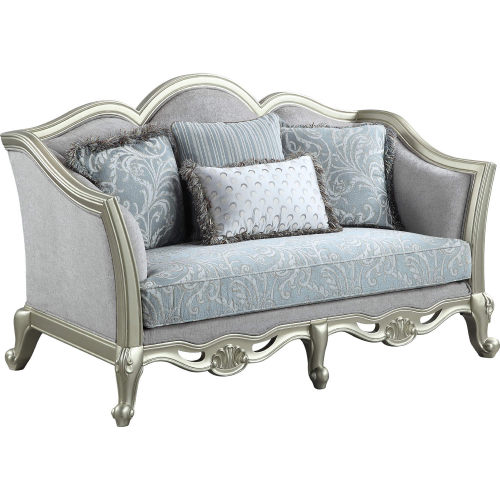 Qunsia Loveseat in Light Gray Linen & Champagne Finish