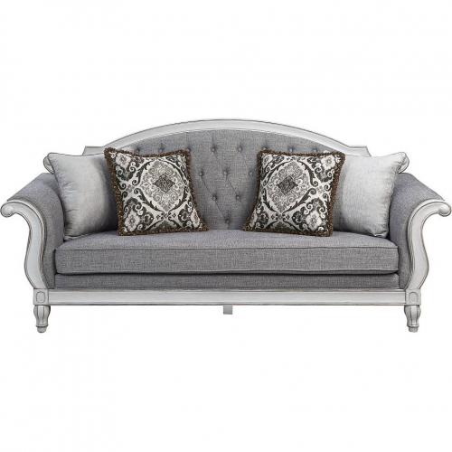 Florian Sofa in Tufted Gray Fabric & Antique White Finish Wood