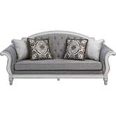 Florian Sofa in Tufted Gray Fabric & Antique White Finish Wood