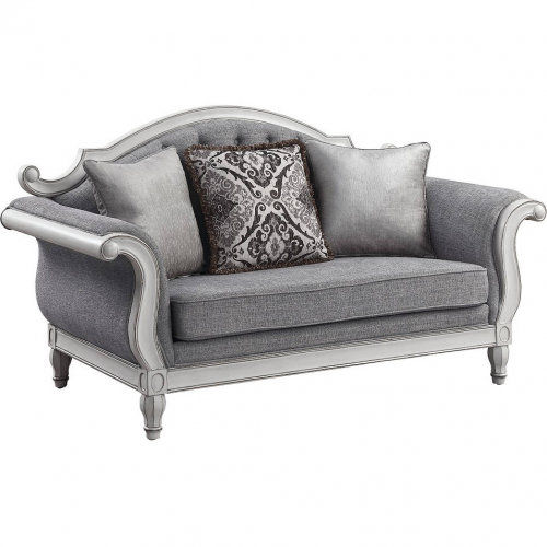 Florian Loveseat in Tufted Gray Fabric & Antique White Finish Wood