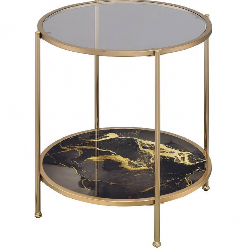 Fiorella End Table in Black Marble Paint, Champagne Metal & Glass