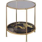 Fiorella End Table in Black Marble Paint, Champagne Metal & Glass