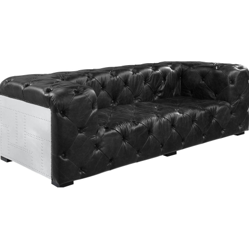 Brancaster Sofa in Tufted Black Top Grain Leather & Aluminum