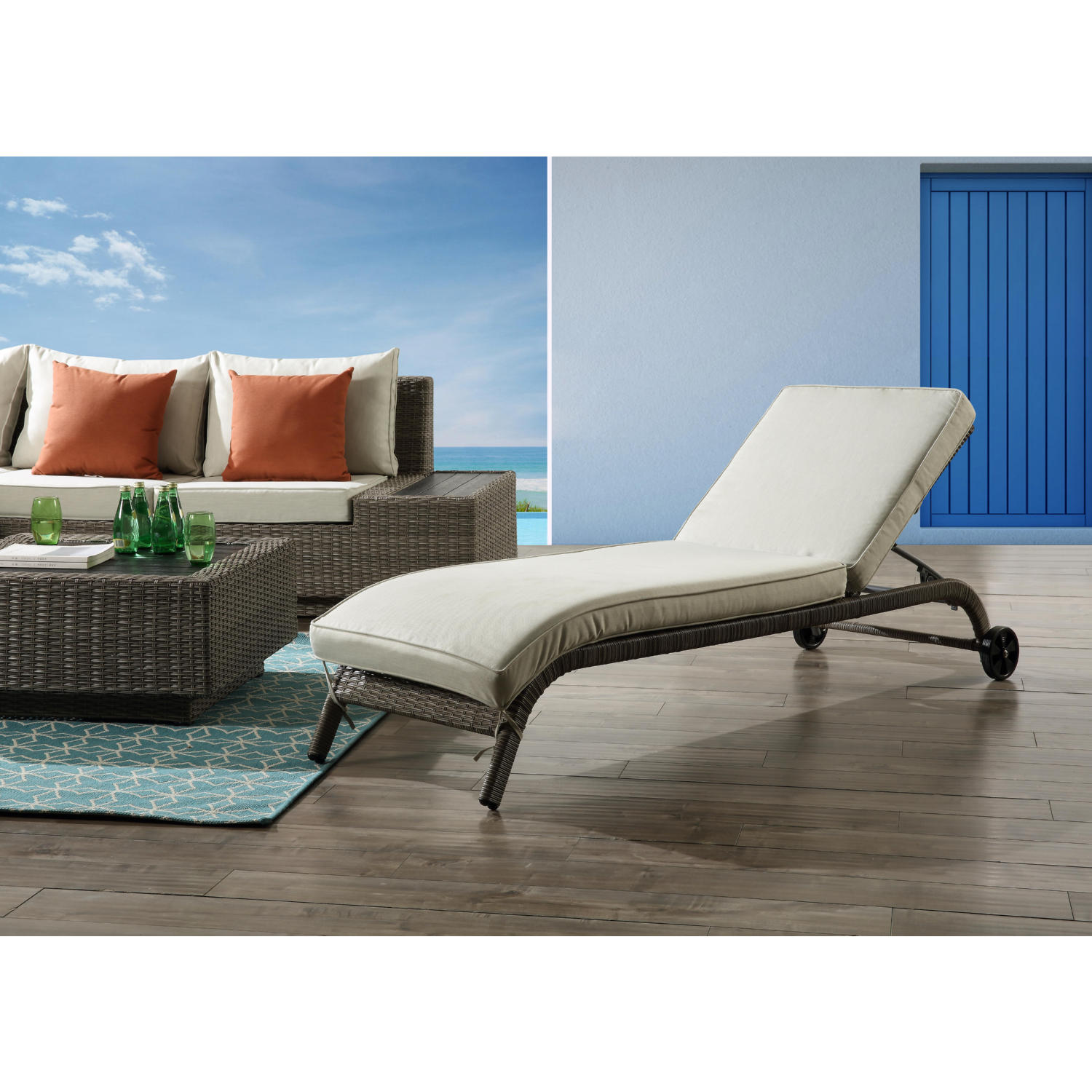 Acme OT01094 Salena Outdoor Sun Lounge Chair in Beige Fabric & Gray Wicker