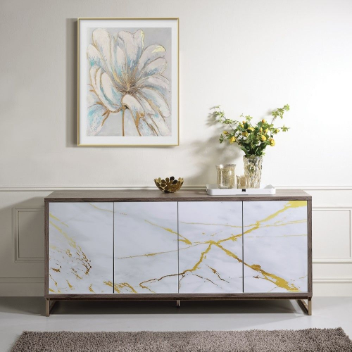 Paavan Console Cabinet in White Marble Print, Oak Finish & Champagne Metal