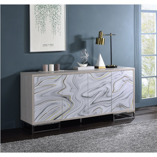 Panos Console Cabinet in White Marble Print, Gray Finish & Chrome