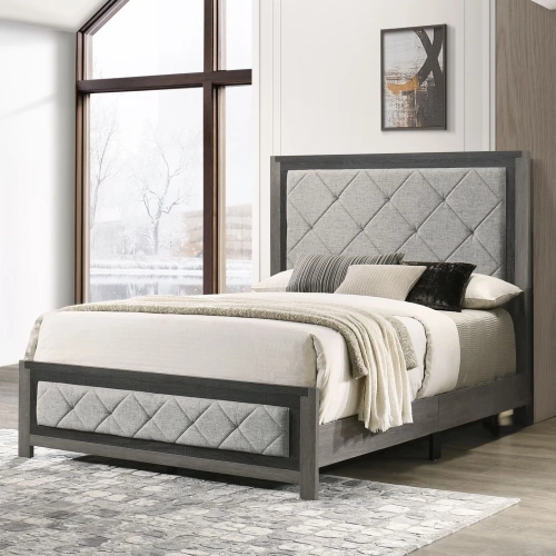 Jehoram King Bed in Tufted Gray Linen & Gray