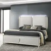 Laveda King Bed with LED in Light Gray Boucle & Pearl White Wood
